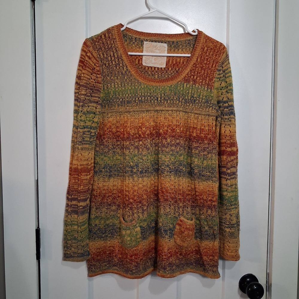Love Rocks Tunic Sweater Women M Multicolor Striped Knit Boho Hippie Pullover